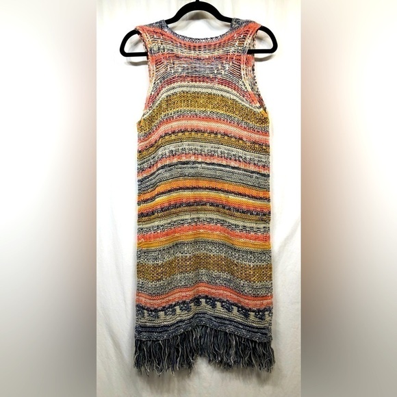 Paper Crane Knit Long Cardigan Duster Multicolor Fringe Open Front Medium - Picture 4 of 16